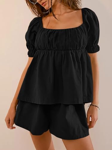 Image of Tankaneo Womens 2 Piece Outfits Summer Square Neck Short Puff Sleeve Babydoll Tops and Shorts Matching Set