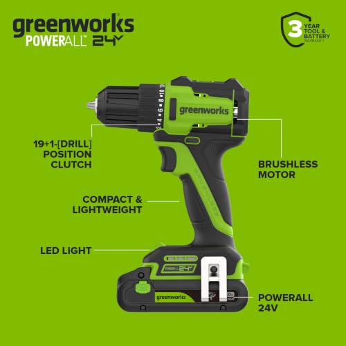 Image of Greenworks PowerAll 24V Cordless Brushless 3 /8 inch 280 in-lbs Drill /Driver, Lightweight,19+1 Clutch, 2.0Ah USB-C Battery (12,000mAh Power Bank),30W USB-C Charger and Cable,10PC Titanium Drill Bit Set