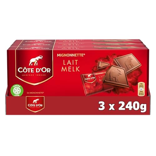 CÔTE D'OR - 3 Paquets de 24 Mignonnettes au Chocolat au Lait - Mignonnettes de Chocolat Emballés Individuellement - Idéal Pause Café ou Goûter - Lot de...