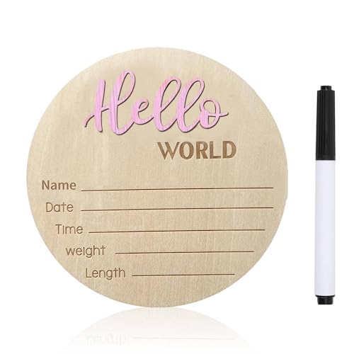 Image of Baby Announcement Sign, ​5.9 Inch Wooden Hello World Newborn Signs, Birth Announcement Sign, Baby Shower Hospital Nursery for Newborn Boys and Girls (Light Pink,Pen)