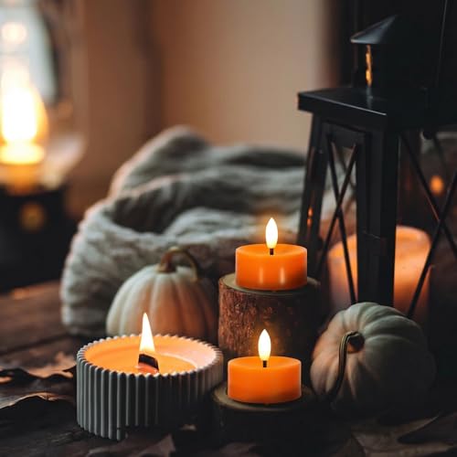 Image of 24 Pack Orange Flameless Tealight Candles Battery Operated Tea Lights, Realistic Flickering Fake LED Tealights Candles, 3D Wick LED Tea Lights for Halloween, Festival, Party, Home Decor