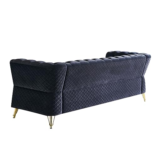 Image of KEIKI 87 inch Chesterfield Velvet Button Tufted Sofa with High Density Foam Cushions, Modern 3-Seater Couch with Gold Strip Trim Decoration, Easy Assembly, for Apartment, Living Room, Office, Black