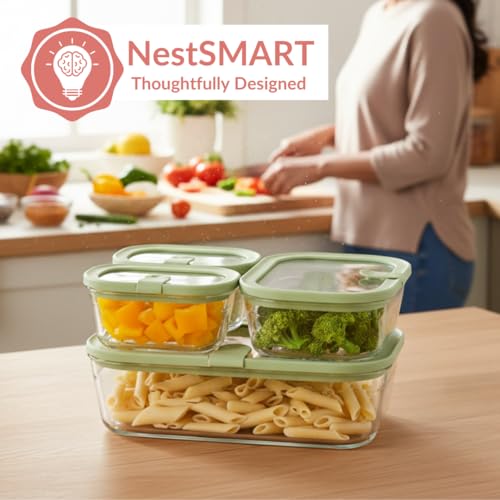 Image of Nestasia Vento Glass Containers with Lid Set of 4 (370ml x 2, 930ml x 1, 2500ml x 1) - Microwave, Refrigerator & Dishwasher Safe Containers with Air Vent Lid for Fridge Storage (Green)