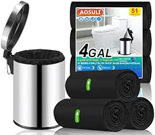 AOSULI 15Liter Bin Bags 51 Counts Trash/Garbage Bags Black Small Pedal Bin Liners for Home Office, Lawn,Bathroom,Toilet Wastebasket (Fits 0.8,1.5,1.2 3 4Gal Gallon Bins)