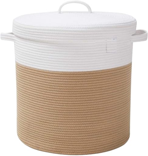 Gleckn 12" X 12" X 14" Large Storage Basket With Lid, Cotton Rope Storage Baskets, Laundry Hamper, Blankets Pillows Storage In Living Room Baby Nursery, White&Beige Stiches With Cover