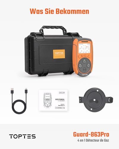 TopTes Guard-863Pro 4-Gas-Messgerät für H₂S, CO, LEL und O₂, mit TFT-Farbdisplay, verbessertem O₂-Sensor (5 Jahre Lebensdauer), USB-Datenausgabe, 18 Std. Akkulaufzeit, zuverlässig für Arbeit & Zuhause