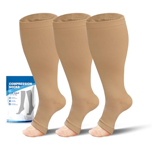 AMITOFO Plus Size Toeless Compression Socks 20-30mmHg Wide Calf for Men Women, Open Toe Stockings for Circulation, Edema, Varicose Veins, Nursing, Travel, Running(3 Pairs)