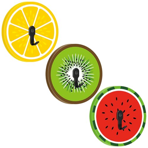 Novabright 3 Pcs Wood Fruit Wall Hooks for Towels, Wall Mounted Watermelon Lemon Kiwi Coat Hooks Vintage Summer Rustic Decorative Hanger for Keys, Bags, Towels, Tropical Home Decor