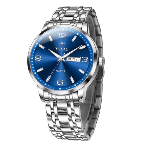 Taxau Herrenuhren Edelstahl Uhren für Männer Analog Modeuhren Blau Zifferblatt Leuchtend Mit Datum-Geschäftsuhren