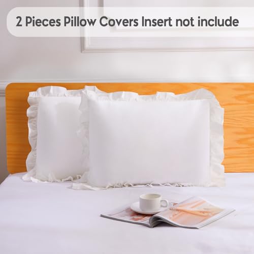 100% Washed Cotton Ruffle Pillowcases Standard Size, 2 Pack 20" X 26" Pillow Shams, No Insert, Ultra Soft Cotton Pillow Cases,Decorative Farmhouse Bedding Pillow Covers, White