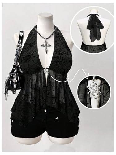 Verdusa Women's Plus Size Goth Spiderweb Mesh Sheer Halter Top Rave Club Slit Backless Peplum Tops3