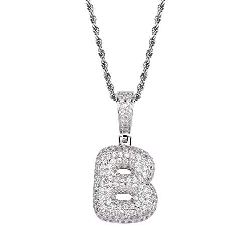 HECHUANG Micropave Simulated Diamond Iced Out Bling Custom Bubble Letters Pendant with Rope Chain (B Silver, 24)