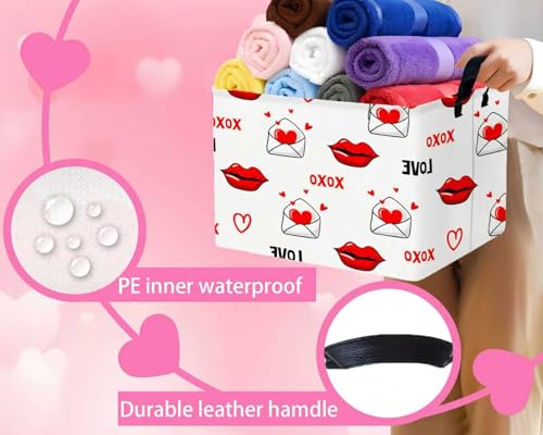 Image of Valentines Day Basket Large Foldable Heart Shaped Storage Box for Gifts Kids Empty Storage Bins Rectangular Toy Organizer Decor (Mouth Envelope Love)