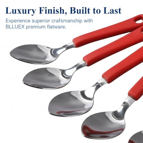Image of Premium Stainless Steel Table Spoon Set of 6 | 15 cm Large Dinner Spoons, Mirror Finish | Flatware for Dining Table & Kitchen | Dishwasher Safe | Red