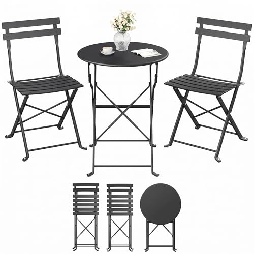 SONGMICS Balkonmöbel Gartenmöbel-Set 3-teilig klappbar 1 Tisch mit 2 Stühlen Terassenmöbel Stahl wetterfest für Outdoor Balkon Terrasse tintenschwarz GGF036BZ01