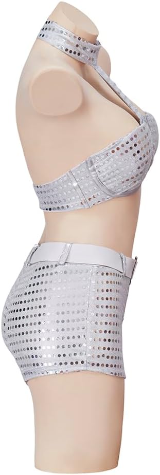 Condition photo showing New/Like New for melangcos international man of mystery cosplay costume women's sexy robot lingerie set metallic bra top and shorts outfit 3x-large silver