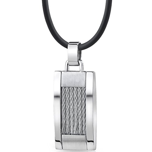 Peora European Style Twisted Cable Dog Tag Bar Pendant In Stainless Steel For Men And Women, 18+2 Inch Black Cord #TOP9