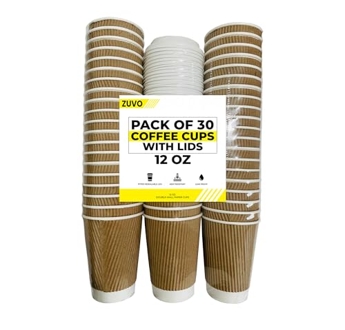 Zuvo Ripple Paper Coffee Cups 12oz with Lids, Pack of 30