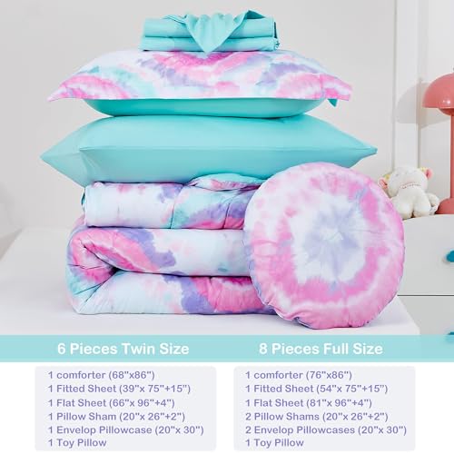 Mooreeke Tie Dye Kids Comforter Bed Set Twin Size For Girls, 6 Pieces Bed In A Bag With Shams, Sheet Set, A Toy Pillow Dark Pink Round Flower Twin Soft Microfiber Kids Comforter Bedding Set thumb #6