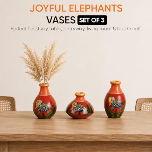 Image of Aakriti Art Creations Joyful Elephants Terracotta Vase Set of 3 (Red) | Hand-Painted Madhubani Art Flower Vases | Matte Finish Decorative Vases for Living Room, Table Decor & Gifting