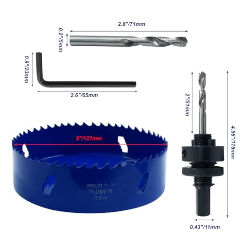 Image of Luomorgo 127mm /5 inch Hole Saw with Arbor | 1 1 /4 inch Cutting Depth, HSS Bi-Metal, For Wood Cornhole Boards Plastic Drywall & Metal Sheet