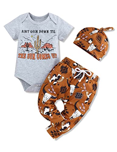 Image of bilison Western Newborn Baby Boy Clothes Summer Infant Cowboy Outfit Cow Print Romper+Pants+Hat 3pcs Set