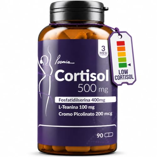 CORTISOL Abbassare il Cortisolo 500mg Fosfatidilserina 400mg + L-Teanina 100mg + Cromo Picolinato Integratore Memoria e Concentrazione 90 Capsule Poemia