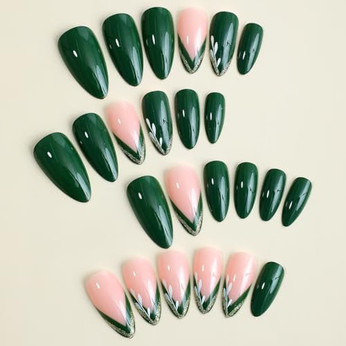 Image of Green French Tip Press on Nails Gold Line Fake Nails Nude Glossy Glue on Nails Artificial Acrylic Nail Fullc Cover Stick on Nials Short Almond False Nails for Women Girls Spring Summer Manicure 24Pcs