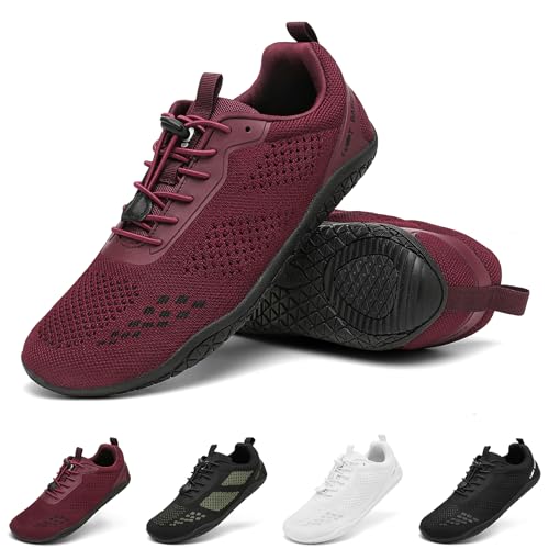 Geweo Zapatillas Barefoot Minimalistas Hombre Mujer Comodos Zapatillas Entrenamiento con Puntera Ancha para Trail Running Fitness Trekking Transpirables Zapatos Caminar Unisex Burdeos Rojo 45EU