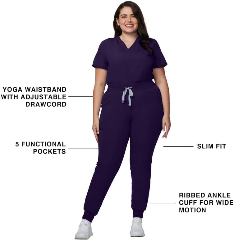 Kitmaz Scrub Pants for Women - Mid Rise 4-Way Stretch Anti-Wrinkle Slim Fit Jogger Pants, Drawstring & 5 Pockets Dark Purple
