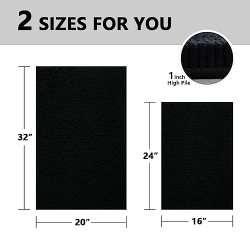 Image of Bathroom Rugs Sets 2 Piece, Extra Soft Chenille Bath Mat Ultra Absorbent Bathroom Rug, Bathroom Mat with Sturdy PVC Non-Slip Bottom, Machine Washable Bath Rugs (20x32 Inch + 16x24 Inch, Black)