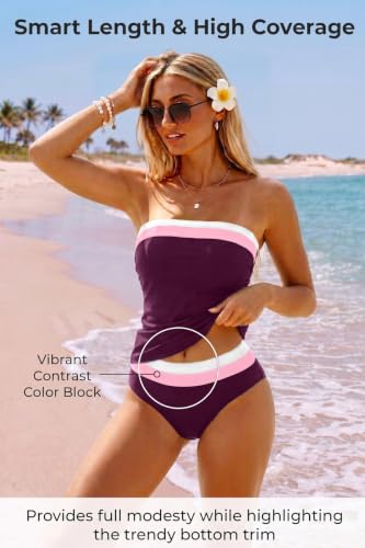Image of Daci Womens Strapless Tankini Swimsuits- 2 Piece Tummy Control Tankini Swimsuit Bandeau Tankini Tops with Bottoms
