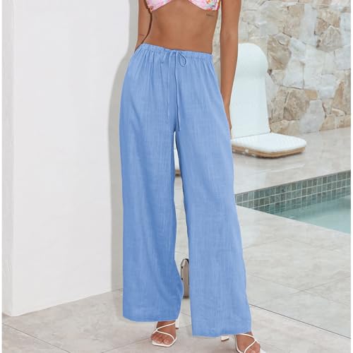 Image of Duyang Womens Cotton Linen Palazzo Pants Drawstring Elastic Waist Casual Wide Leg Trousers with Pockets