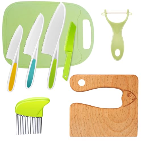 GINDECON Children's Kitchen Knife Set for Cutting and Cooking Fruit or Vegetables for Kids, Including Wooden Knife Cutting Board Peeler (Fish)