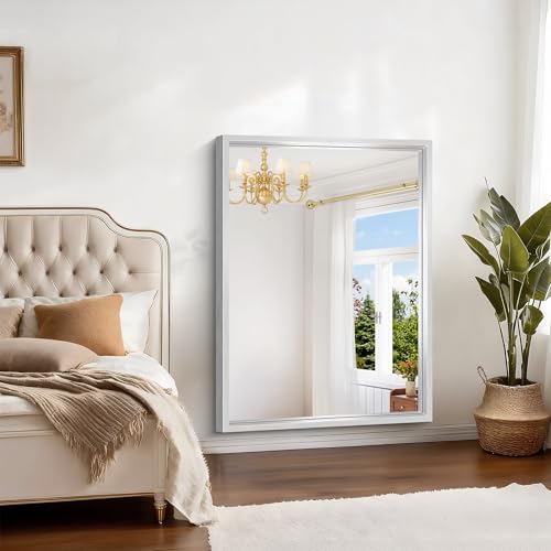 Image of Silver Bathroom Mirror, 48 x 36 Inch Rectangular Wall Mirror, 0.6 inch Thickened Deep Framed Mirrors for Bathroom Sink, Shatterproof Tempered Glass, Antirust, Horizontally or Vertically