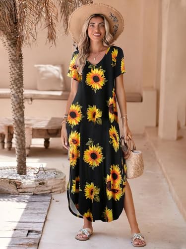 Image of BELAROI Plus Size Maxi Dress for Women Summer Casual V Neck Short Sleeve Long Dress with Pockets Beach Vacation Cover Up