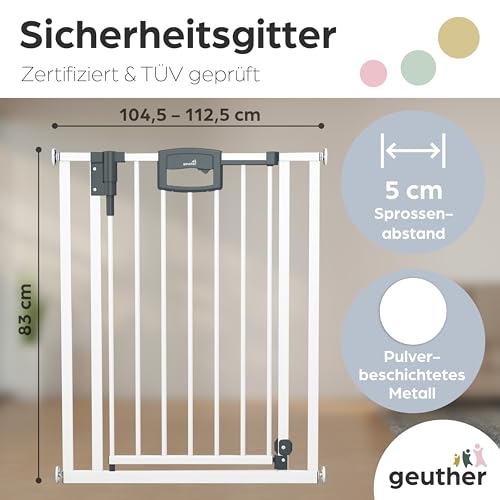 Geuther Türschutzgitter Easylock Plus | Treppenschutzgitter ohne Bohren Breite 104,5-112,5 cm | Türgitter Baby Holz-Metall | Kinderschutzgitter beidseitig öffnend | Kindersicherung Tür | Weiß