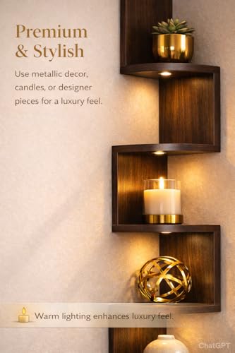 Image of 5-Tier Zigzag Corner Wall Mount Shelf, Modern Wooden Floating Corner Shelf, Space Saving Wall Storage for Living Room, Bedroom, Office, Books, Plants, Decor (Black, 5)