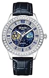 HUNRUY Mens Luxury Bling Diamond Automatic Tourbillon Leather Watches (Blue)