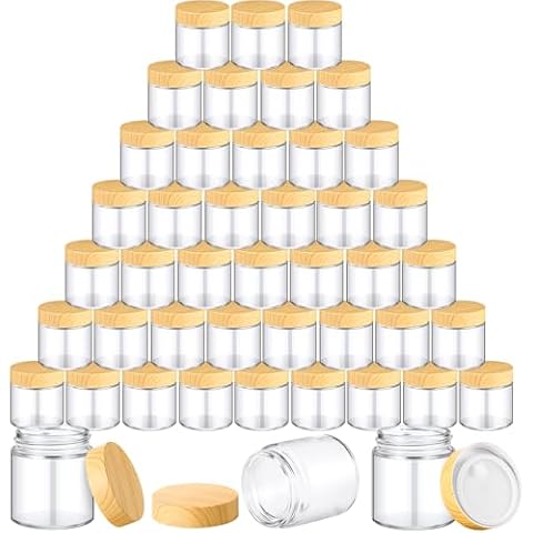 Norme 64 Pcs Glass Jars with Lids Empty Small Glass Containers with Lids Inner Liners Reusable Glass Cosmetic Jars Round Airtight Glass Bottles with Plastic Woodgrain Lids for Travel (4 oz) Cover