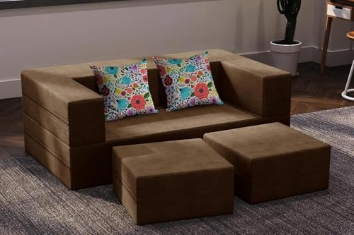 Image of Rosebell | 5x6 Ft C-Type Sofa Cum Bed | Jute Fabric with Washable Cover | Two Seater with Two Pouffe for Living Room & Office | Brown Color
