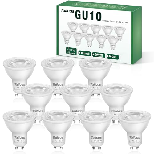 Tailcas 10 x Bombillas LED GU10, 7W Blanco Cálido 3000K, Equivalente de Lámpara Halógena de 50W, 500 Lúmenes, AC100 240V, No regulable Sin Parpadeo, Ángulo de haz de 38°