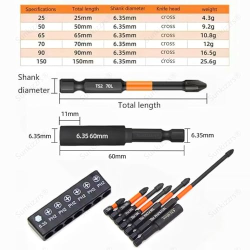 Image of Sunkizzrs 7-Pcs TS2 Alloy Steel Magnetic Phillips Screwdriver Drill Bits Set-PH2 Cross Screw Driver 1 /4 Inch Hex Shank with Extension Rod Anti-Slip & WaterProof for Power & Impact Drivers