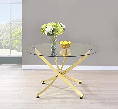 Coaster Home Furnishings Beckham Modern Contemporary Round Dining Table Tempered Glass Top Asterisk Metal Base Polished Brass #TOP3