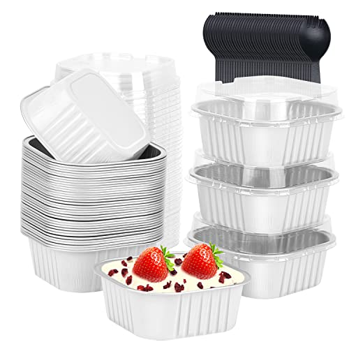 10Oz Disposable Ramekins With Lids 40 Pack,Lnyzqus Aluminum Foil Jumbo Cupcake Pan, Square 4”X4” Mini Cake Pan Browni Baking Cups Muffin Tin Dessert Cups For Wedding Party-White #TOP13