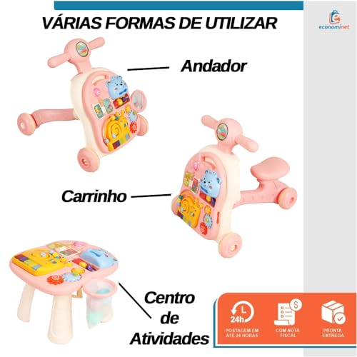 Andador Didatico Bebê Criança 3 em 1 com Brinquedos Atividades - Baby Style (Rosa)
