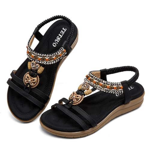 TETSUO Women Sandals Walking Flats Summer Beach Sandals Arch Support Casual Dressy Shoes for Women Elastic Ankle Strap Jeweled Bohemian Shoes2