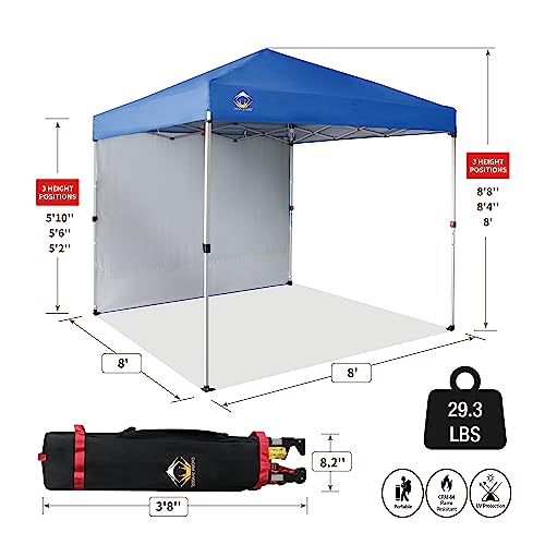 CROWN SHADES 8x8 Pop Up Canopy with 1 Side Wall - Beach Tent with One Push Setup - Outdoor Sun Shade for Events, Parties, Camping - Gazebo with STO-N-Go Cover Bag (Blue)