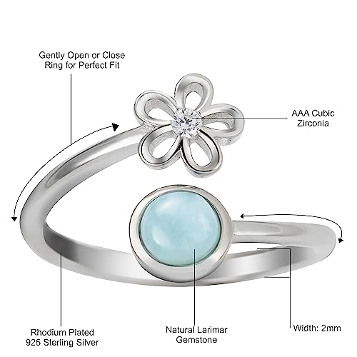 925 Sterling Silver Plumeria Flower and Full Moon, Cubic Zirconia, Adjustable Easy Resize Wrap Around Bypass Ring Eternity Band, Blue White Opal Larimar, Hypoallergenic Nickel Free, with Gift Box3