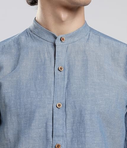 Image of TURMS Men's Casual Solid Linen Shirt | Water Repellent | Anti Stain Anti Odor | Kansas Linen | Mandarin Collar | Full Sleeves